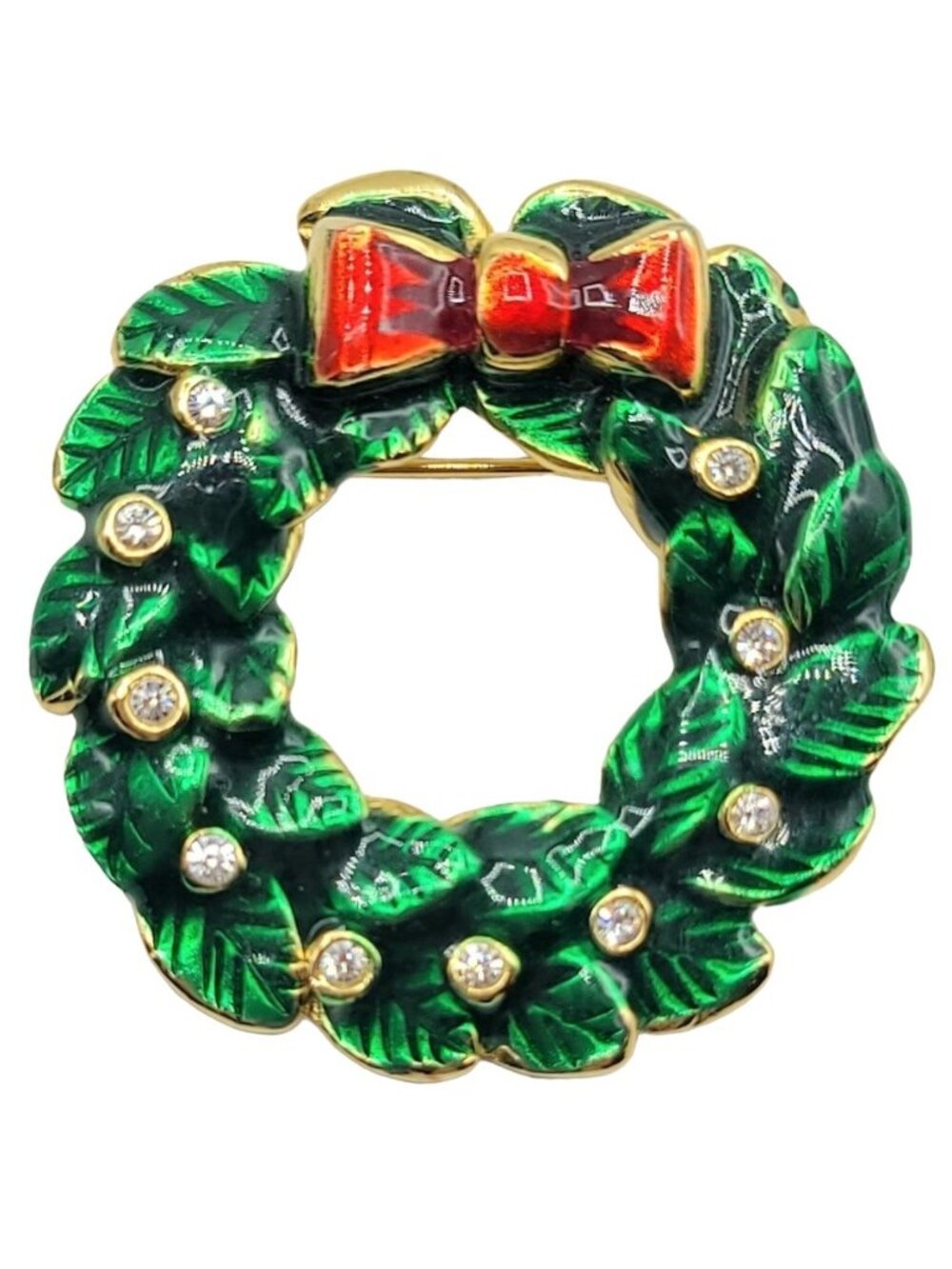 LIA Green Red Enamel Clear Rhinestone Christmas Wreath Brooch, Signed